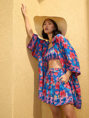 Women Navy Blue Floral Bustier With Shorts & Shrug