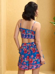 Women Navy Blue Floral Bustier With Shorts & Shrug