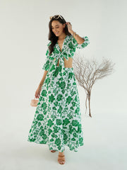 Women White & Green Floral Wrap Neck Top With Skirt