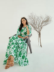 Women White & Green Floral Wrap Neck Top With Skirt