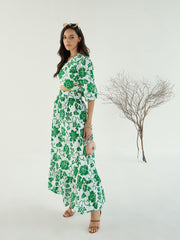 Women White & Green Floral Wrap Neck Top With Skirt