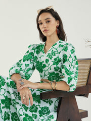 Women White & Green Floral Wrap Neck Top With Skirt