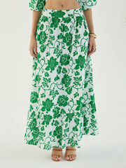 Women White & Green Floral Wrap Neck Top With Skirt