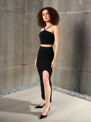 Women Black Washed Denim Corsage Crop Top With Skirt
