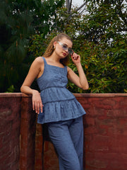 Women Blue Schiffli Strappy Top With Pants