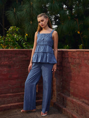 Women Blue Schiffli Strappy Top With Pants