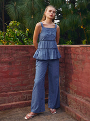 Women Blue Schiffli Strappy Top With Pants