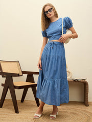 Women Blue Schiffli Crop Top With Flared Skirt
