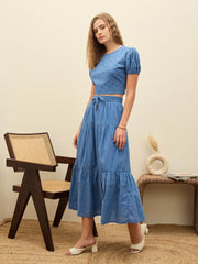 Women Blue Schiffli Crop Top With Flared Skirt