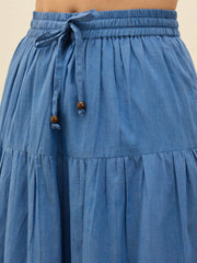 Women Blue Schiffli Crop Top With Flared Skirt