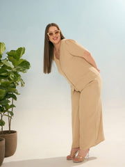 Women Beige Button Down Top With Straight Pants