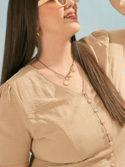 Women Beige Button Down Top With Straight Pants