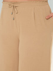 Women Beige Button Down Top With Straight Pants