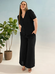 Women Black Button Down Top with Straight Pants