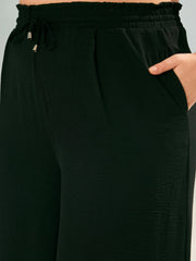 Women Black Button Down Top with Straight Pants