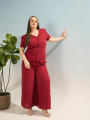 Women Maroon Button Down Top With Straight Pants