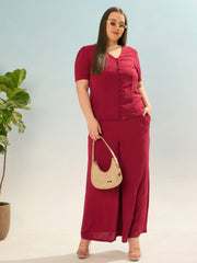 Women Maroon Button Down Top With Straight Pants