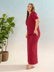 Women Maroon Button Down Top With Straight Pants