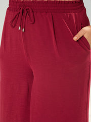 Women Maroon Button Down Top With Straight Pants