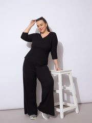 Women Black Rib Straight Pants With V Neck Top