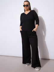 Women Black Rib Straight Pants With V Neck Top