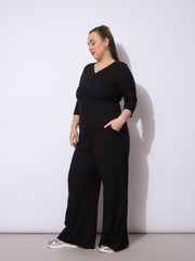 Women Black Rib Straight Pants With V Neck Top