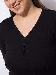 Women Black Rib Straight Pants With V Neck Top