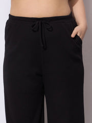Women Black Rib Straight Pants With V Neck Top