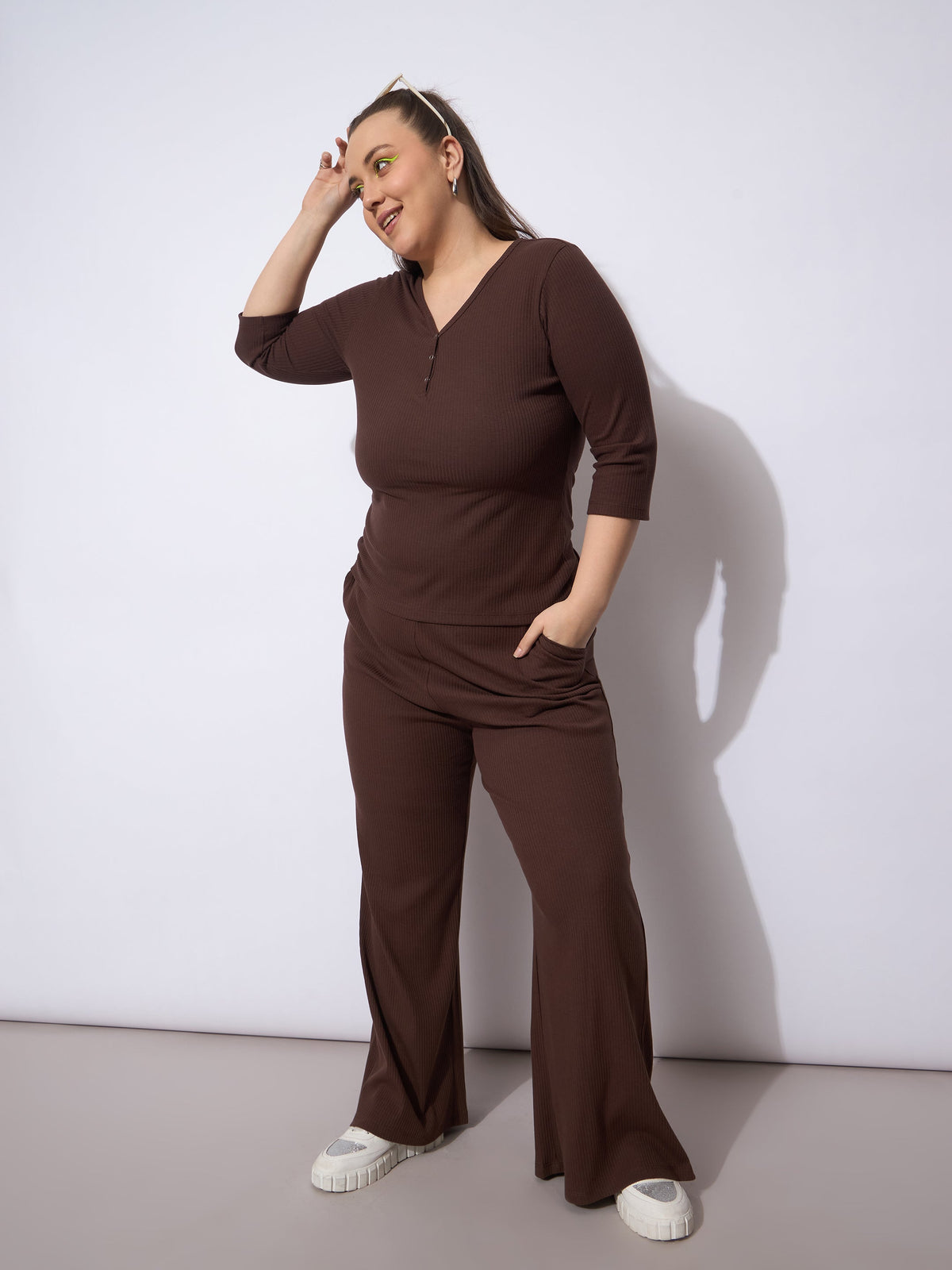 Women Dark Brown Rib Straight Pants With V Neck Top