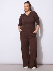 Women Dark Brown Rib Straight Pants With V Neck Top