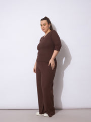 Women Dark Brown Rib Straight Pants With V Neck Top