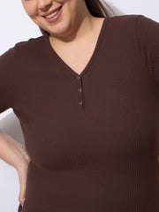 Women Dark Brown Rib Straight Pants With V Neck Top