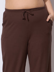 Women Dark Brown Rib Straight Pants With V Neck Top