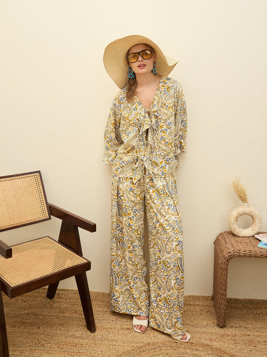 Women Beige Paisley Balloon Sleeve Top With Flared Pants