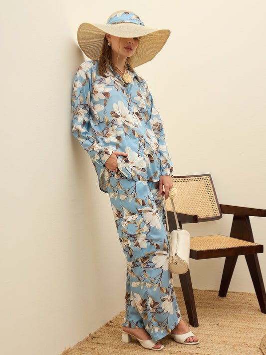 Women Blue Floral Oversize Shirt With Cargo Pocket Pants