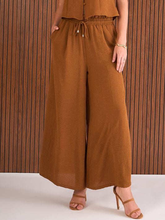 Women Brown Button Down Top With Paperback Waist Pants