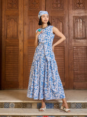 Women Blue & White Floral Vest Top With Gathered Skirt