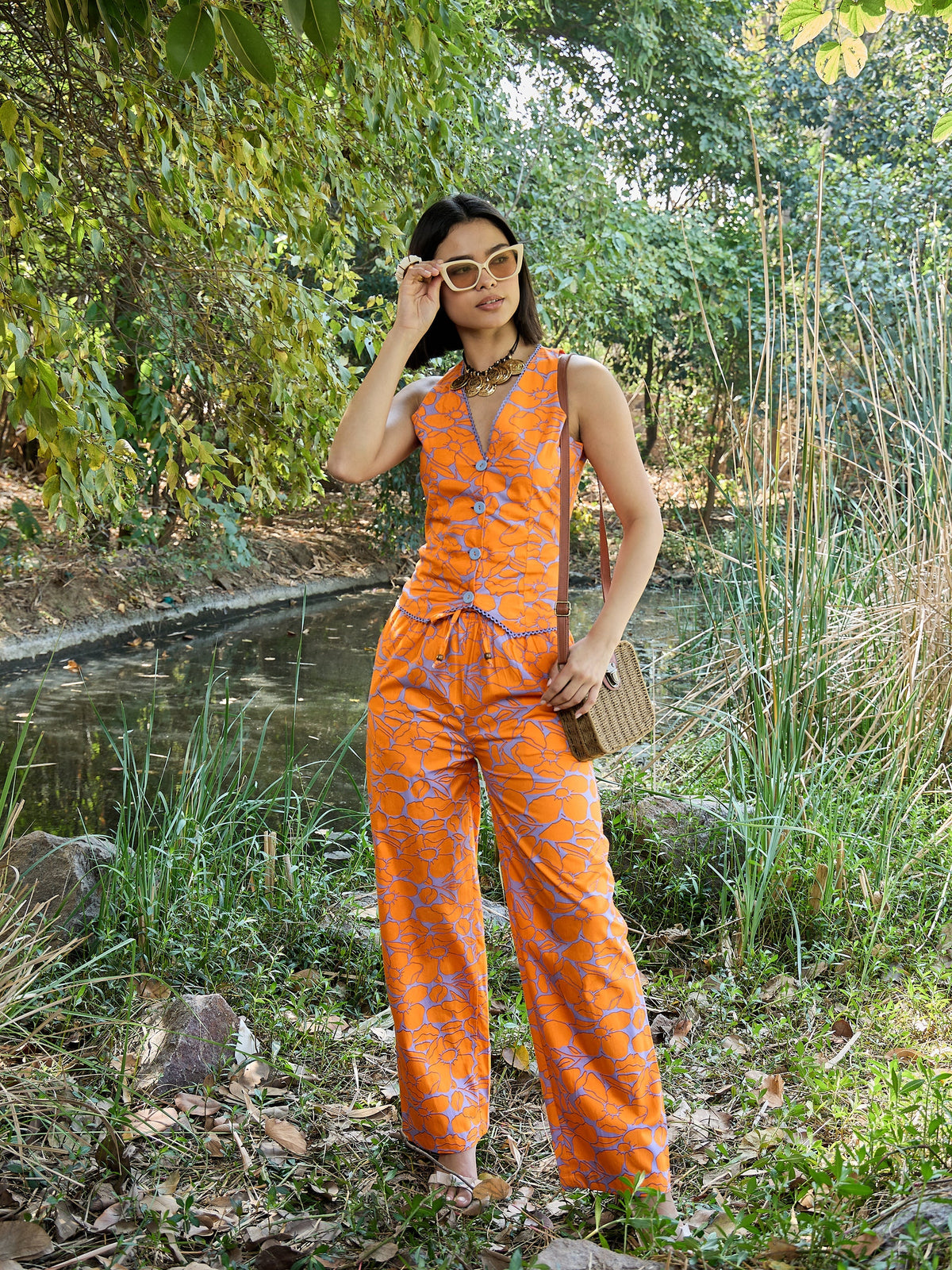 Women Grey & Orange Floral Vest Top With Pants