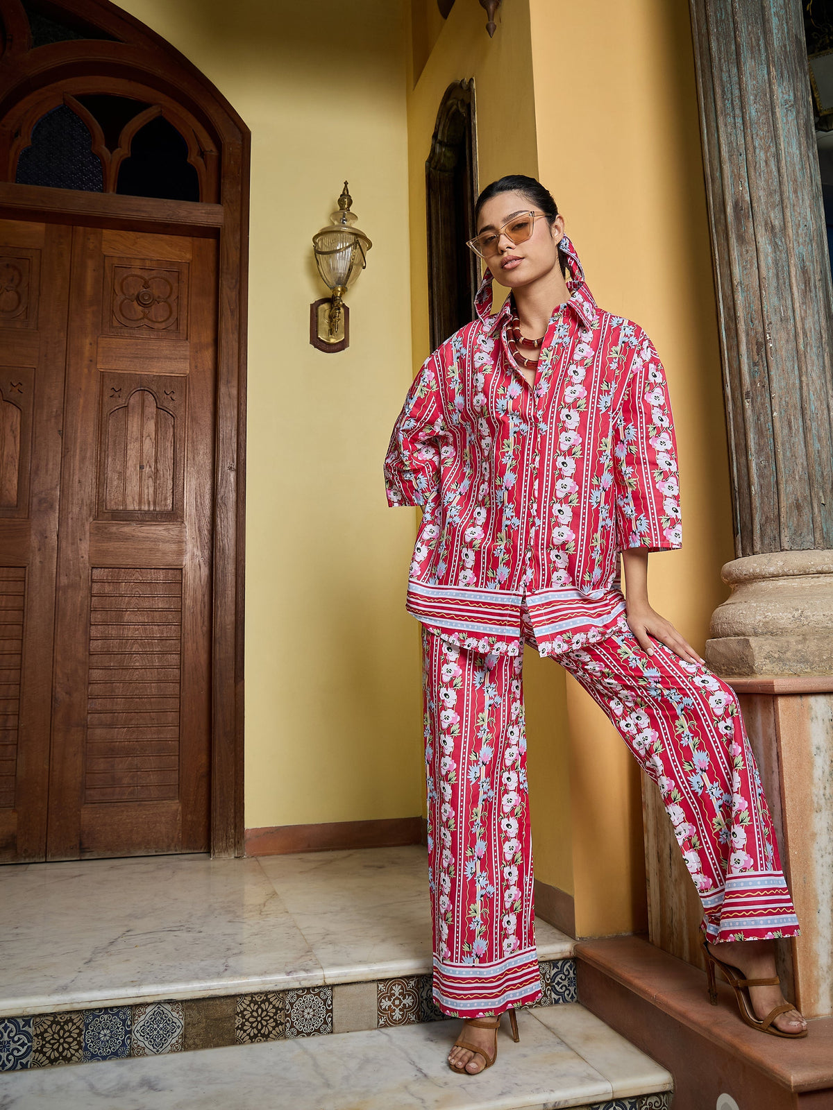 Women Red Floral Shirt With Pants