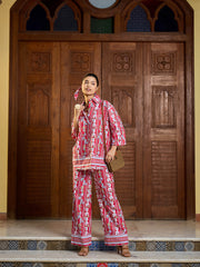 Women Red Floral Shirt With Pants