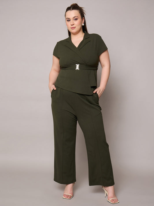 Women Olive Front Buckle Top With Straight Pants