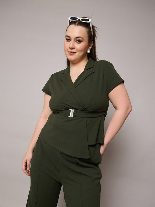Women Olive Front Buckle Top With Straight Pants
