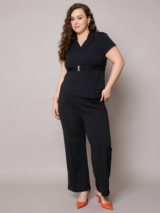 Women Black Front Buckle Top With Straight Pants