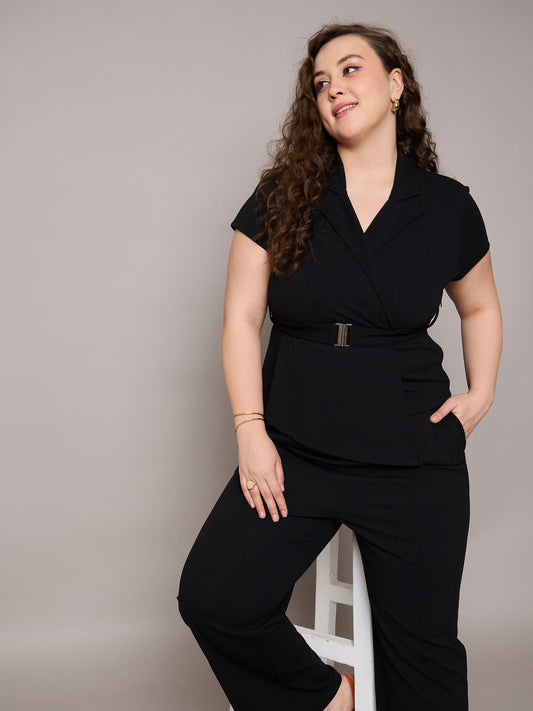 Women Black Front Buckle Top With Straight Pants