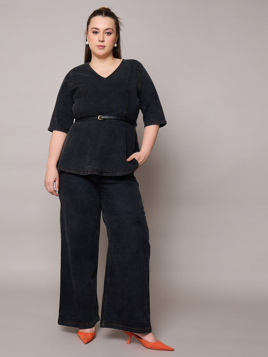 Women Black Blast Denim Peplum Top With Jeans