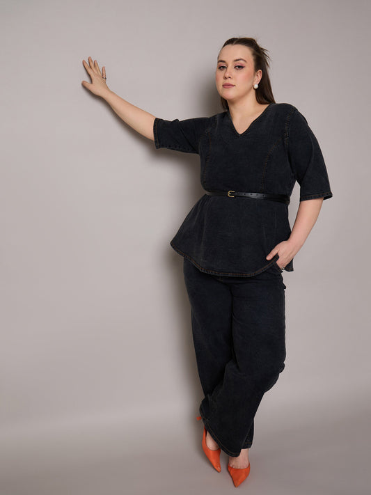 Women Black Blast Denim Peplum Top With Jeans