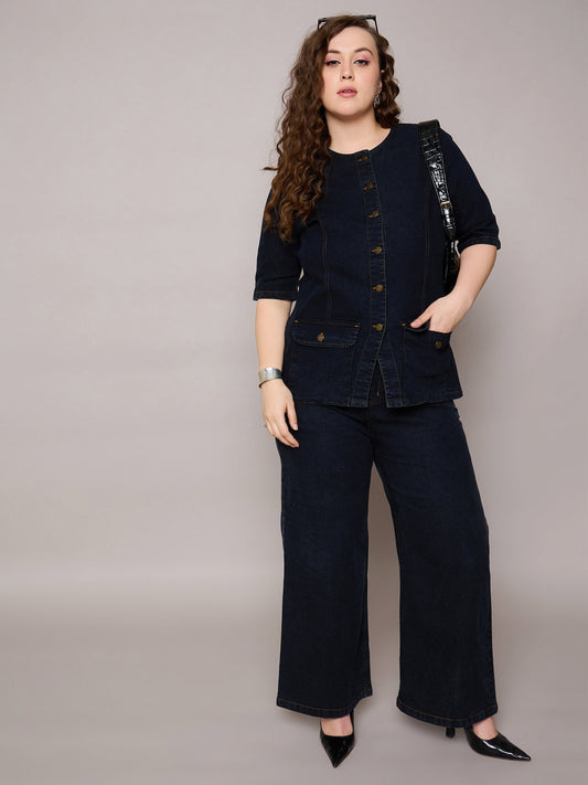 Women Black Blast Denim Button Top With Jeans