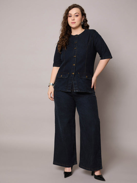 Women Black Blast Denim Button Top With Jeans