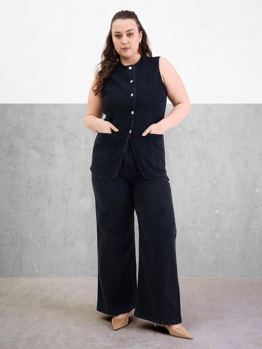 Women Black Denim Sleeveless Top With Jeans