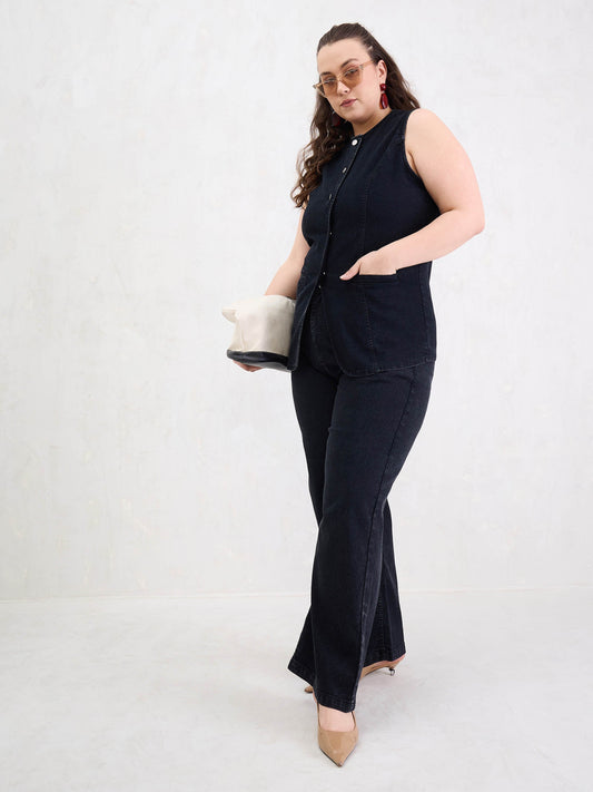 Women Black Denim Sleeveless Top With Jeans